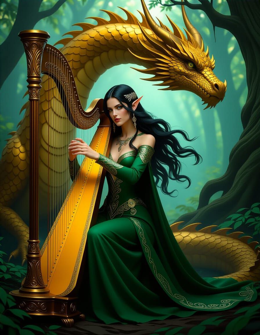 Elven Bard with Dragon in Dark Fantasy Style