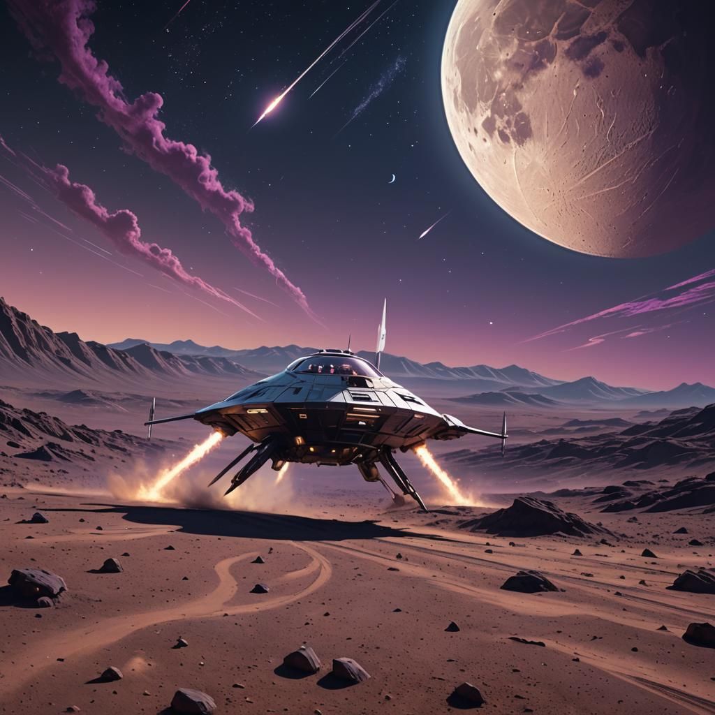 Spaceship Landing on Moon with Shooting Star