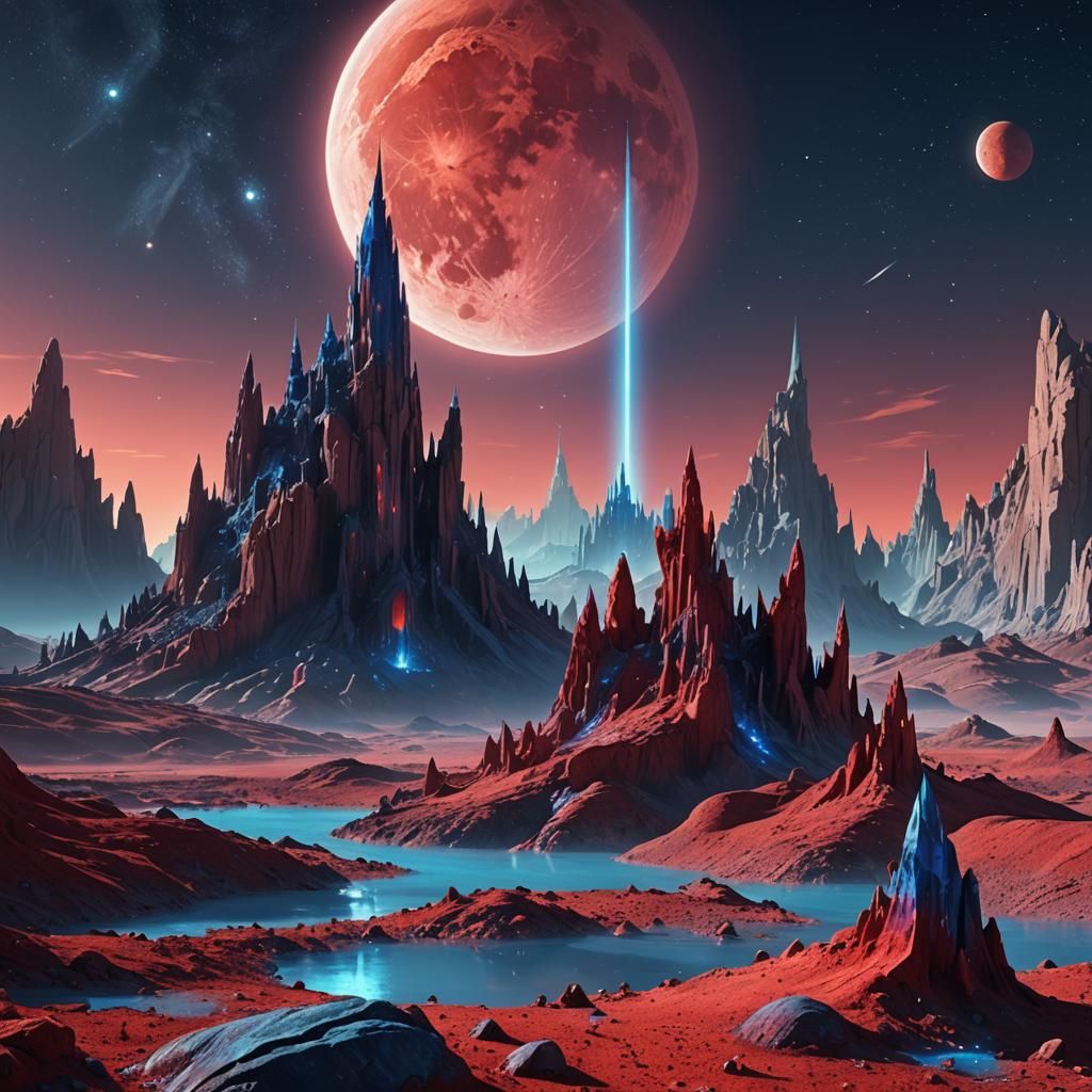 Glowing Crystal Spire on Alien Moonscape in Digital Art