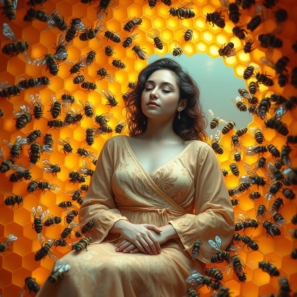 Blissful Woman in Golden Honeycomb Hive