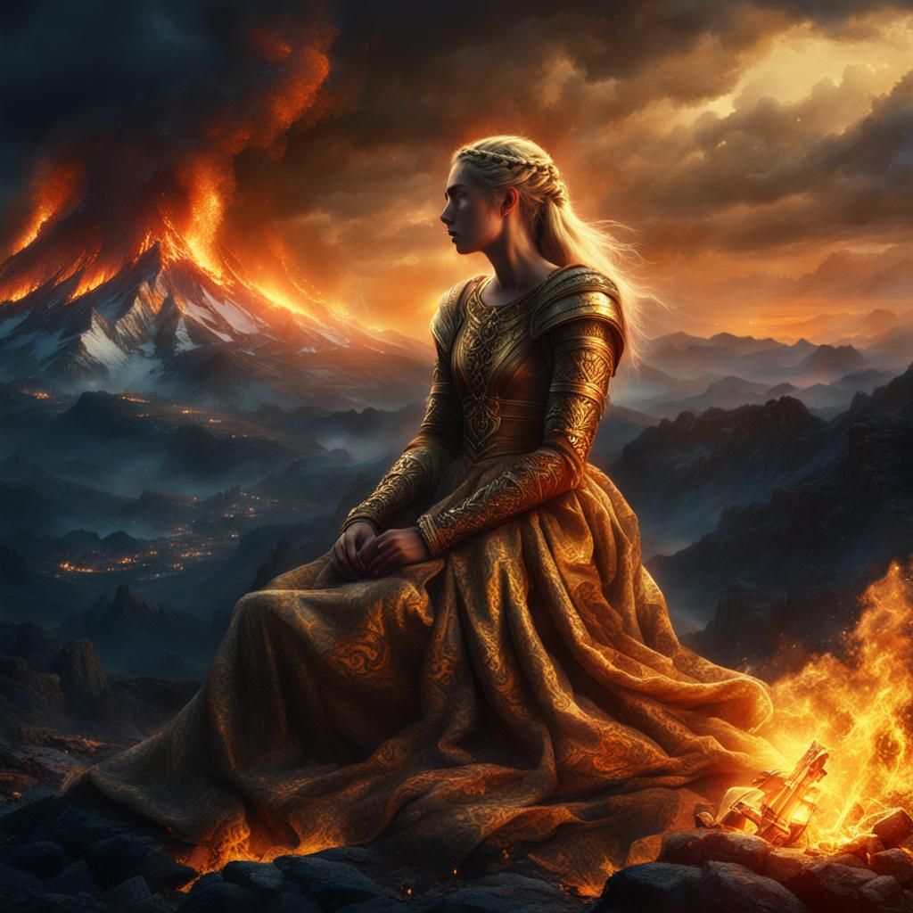 Brunnhilde Asleep on Fiery Mountain: Digital Matte Painting