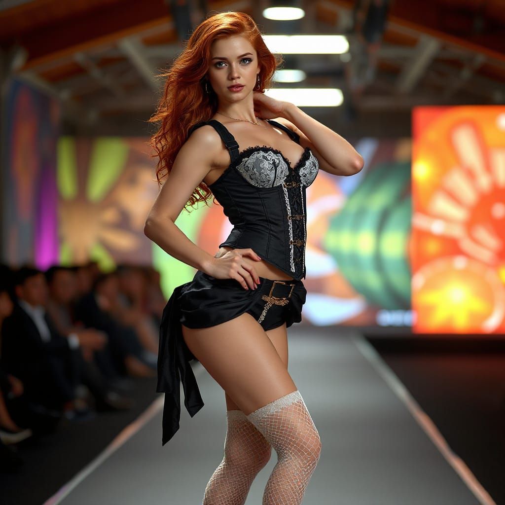 Redhead Model Posing on Catwalk in Splash Art Style
