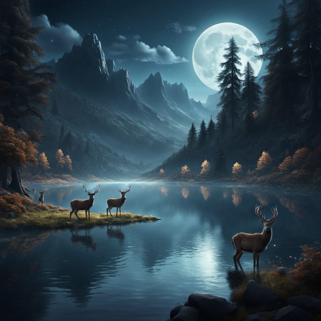 Moonlit Lake with Majestic Deers in Epic Cinematic Style