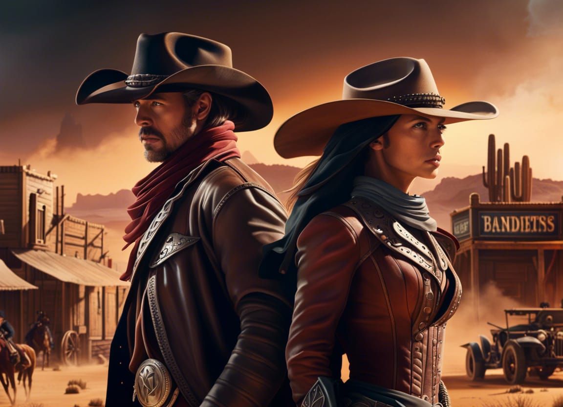 Cowboy and Cowgirl Defend Desert Town: Cinematic Digital Art