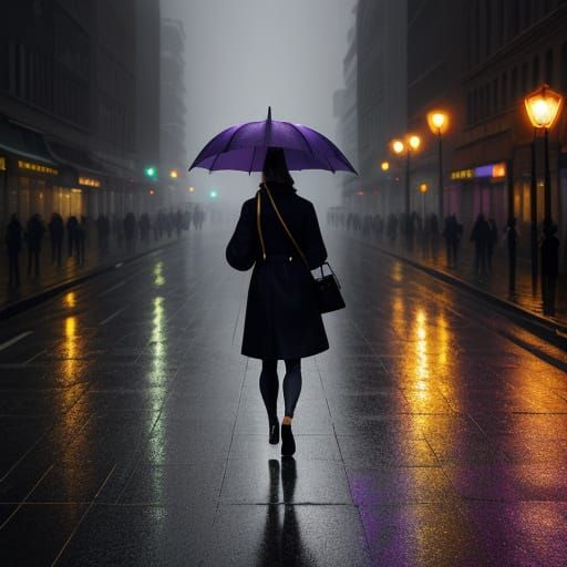 Rainy City Nightscape in Oil Painting Style