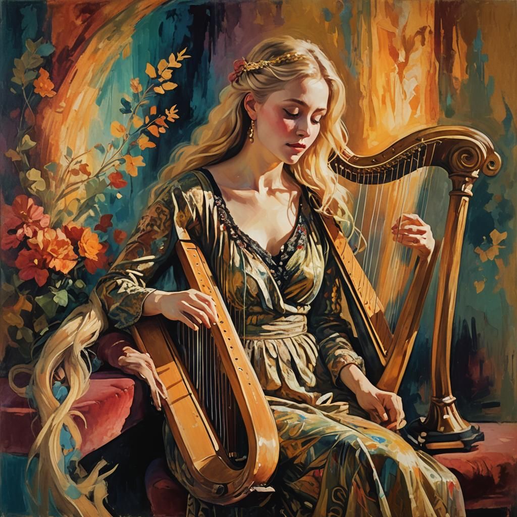 Dreamy Fauvist Portrait of Woman Playing Harp