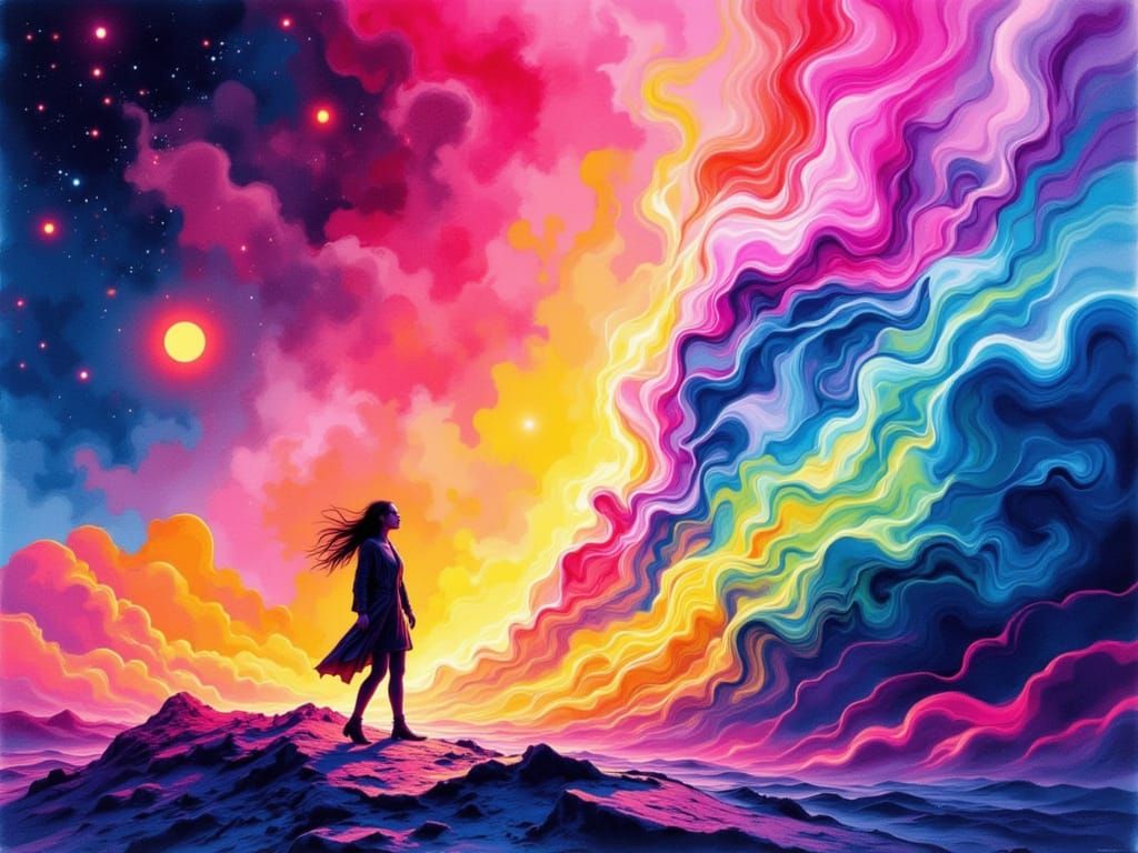 Ethereal Watercolor Scene of Wreathed Cityscape in Rainbow F...