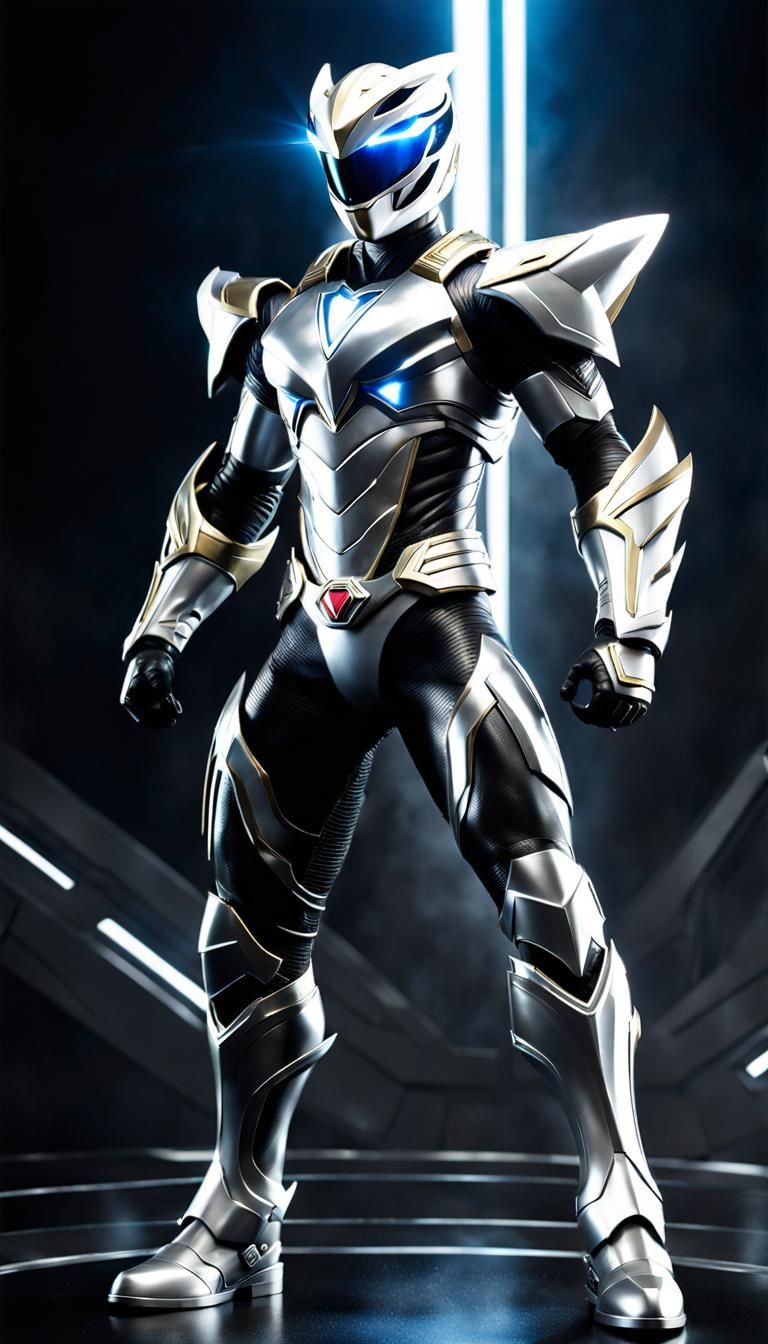 Photorealistic full body portrait of a Power Ranger, inspired by Lugia, with a deep white and silver armor, projecting a...