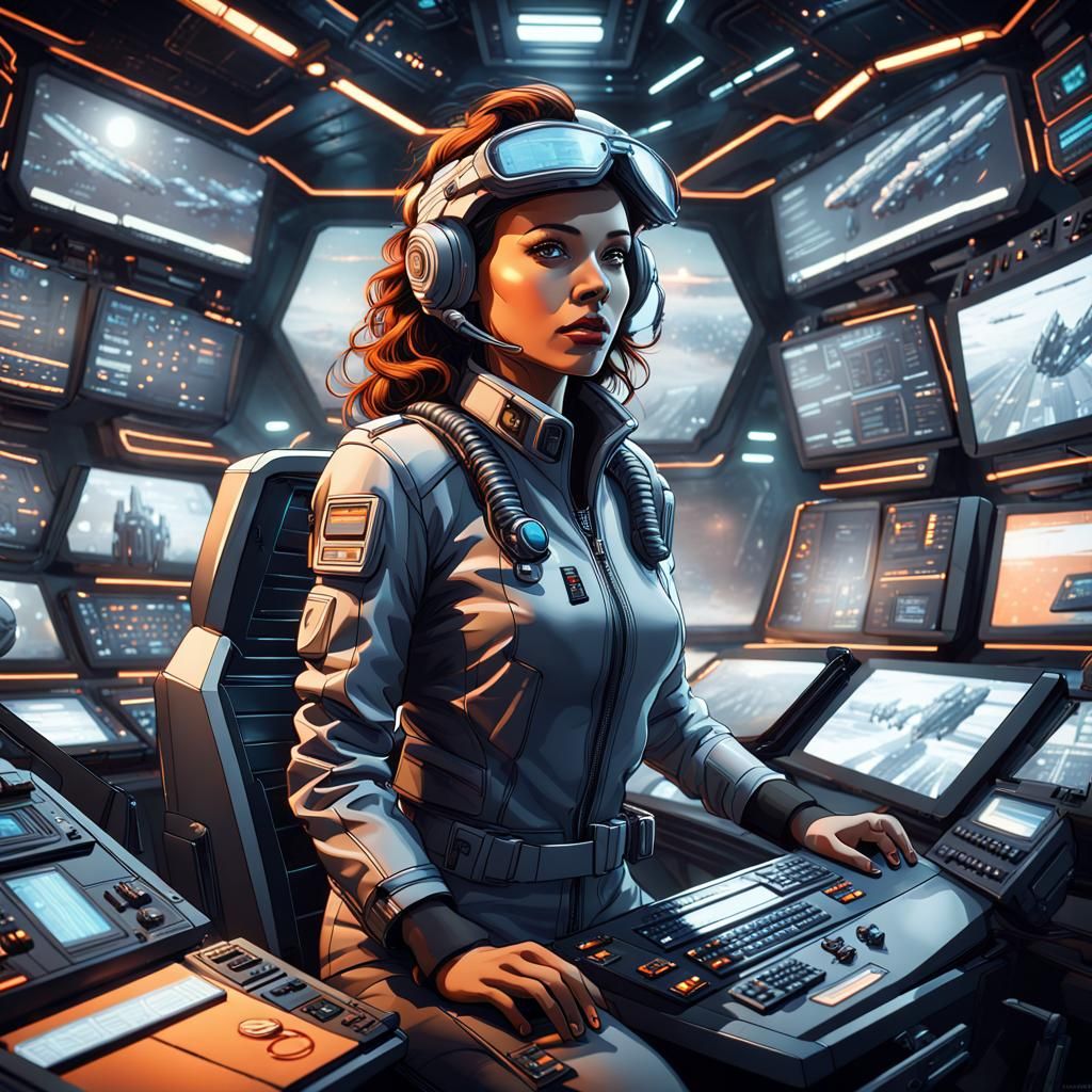 Futuristic IT Technician at Her Command Center