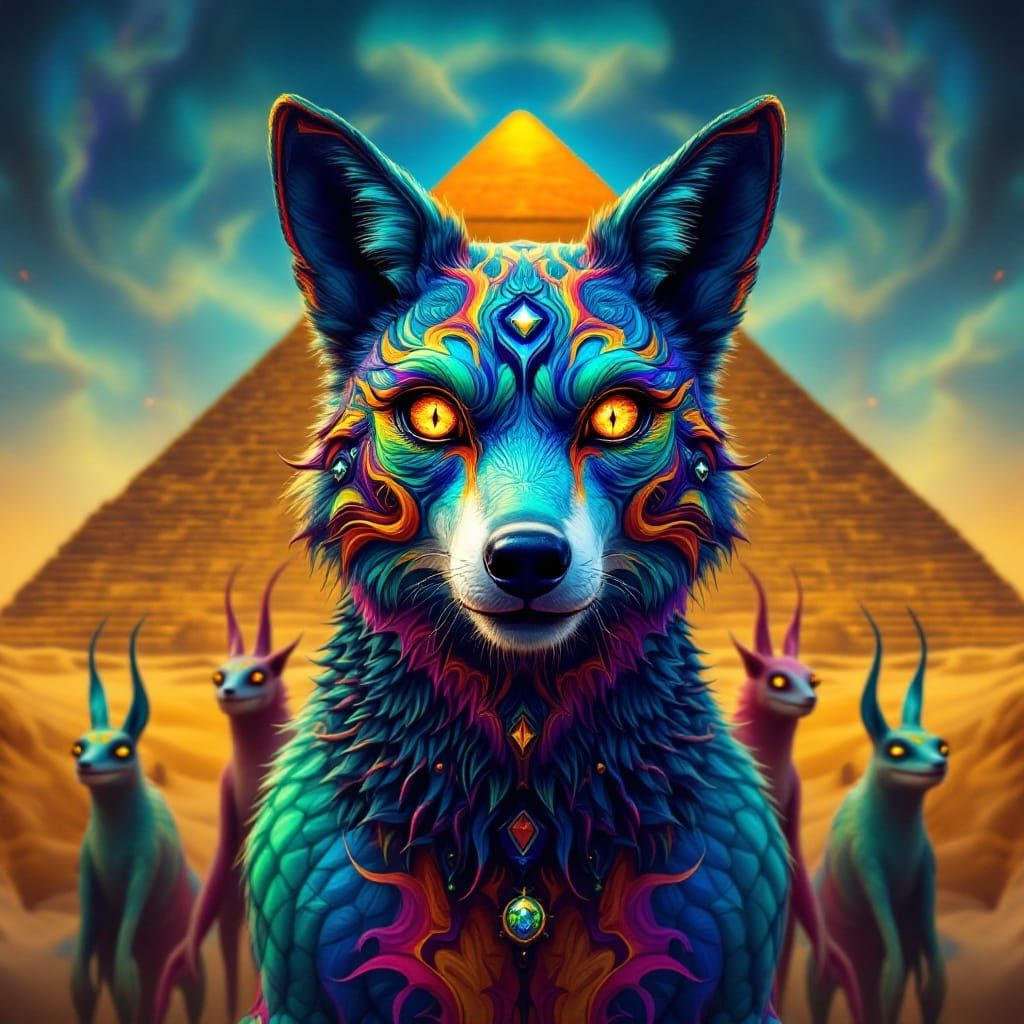 Multicolored Wolf Amidst Llama Shark Beings in Vibrant, Surr...