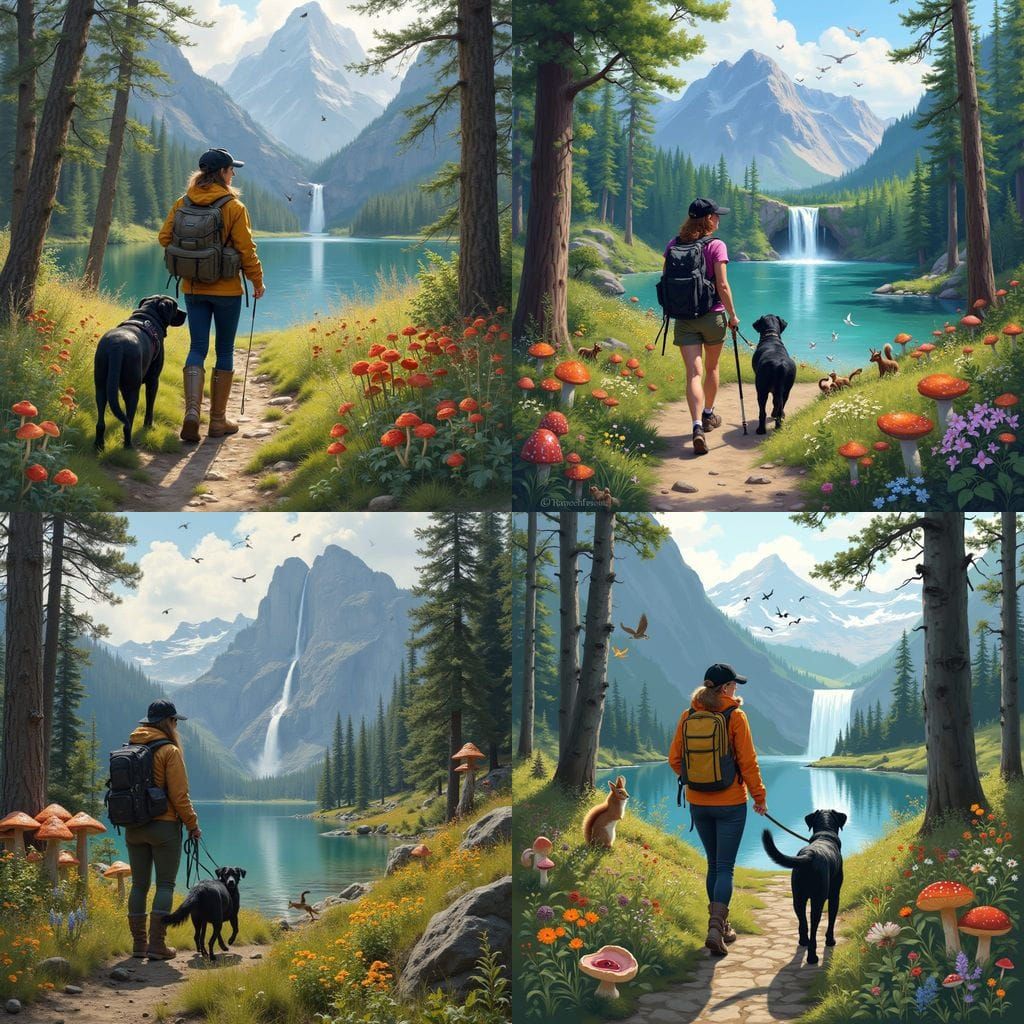 Hiker and Dog on Forest Trail