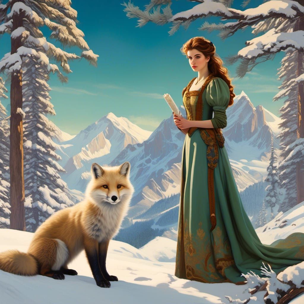 Winter Landscape with Arctic Fox in Pre-Raphaelite Style