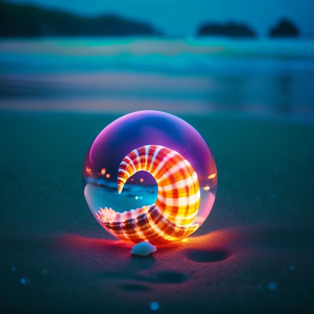Seashell Bracelet in Neon Bubble: Cinematic Beach Scene