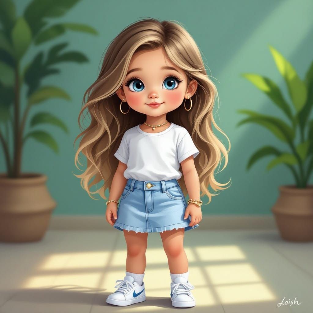 Young Girl in Denim Skirt and Nike Sneakers