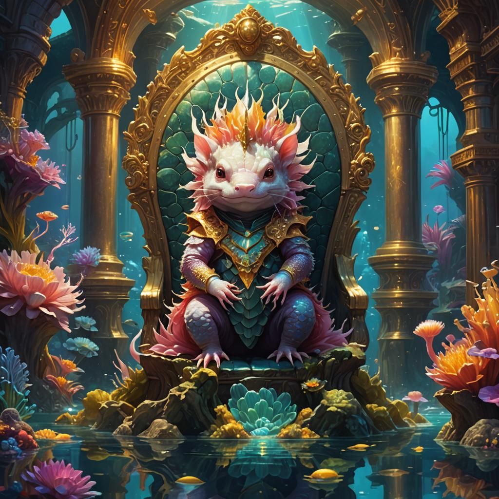 Axolotl King on Throne in Mystical City