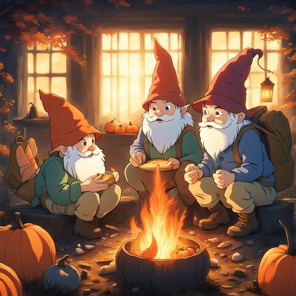 Halloween Bonfire with Gnomes in Ghibli Style