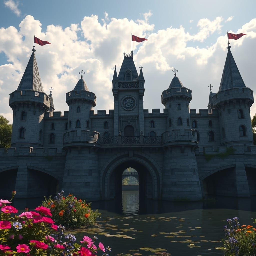 Medieval Castle in Regal Splendor, with Drawbridge and Moat