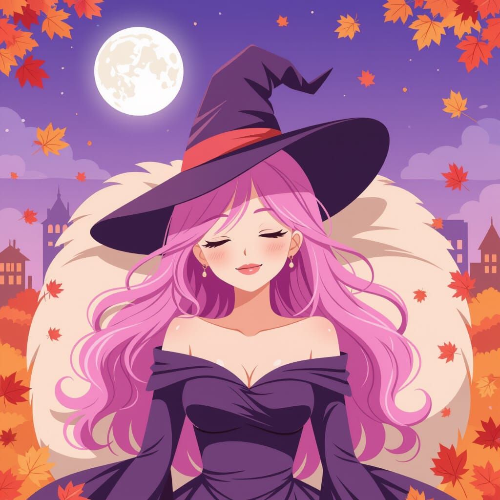 Anime Witch Sleeps Peacefully in Autumn City