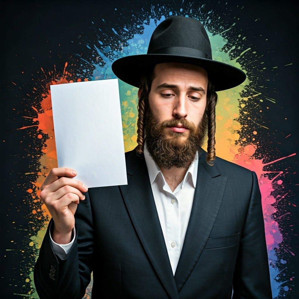 Hasidic Man Holds Blank Paper in Hyperrealistic Style