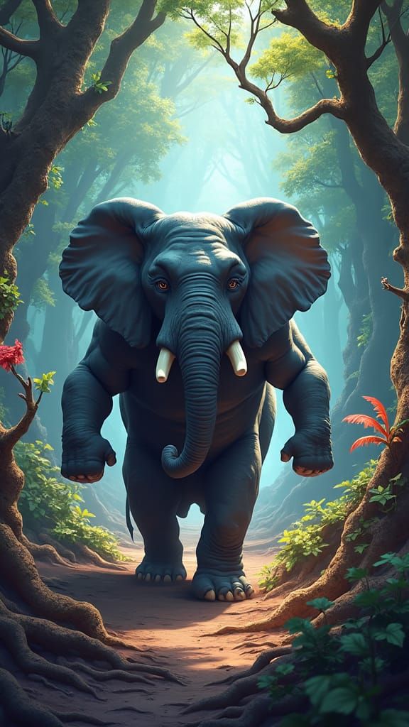 Smug Elephant Strutting in Vibrant Fantasy Forest
