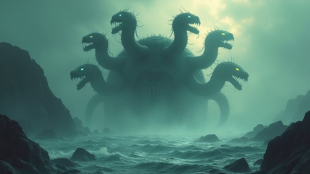 Monstrous Scylla Emerges from the Mists in Dark Fantasy Styl...