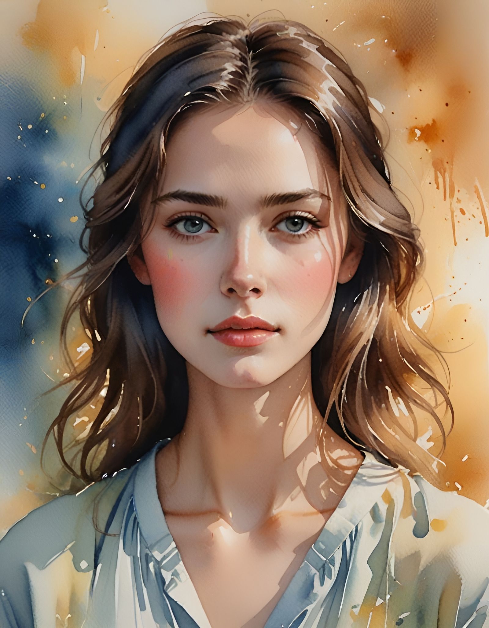 Delicate Watercolor Portrait of a Serene Woman in Pastel Hue...