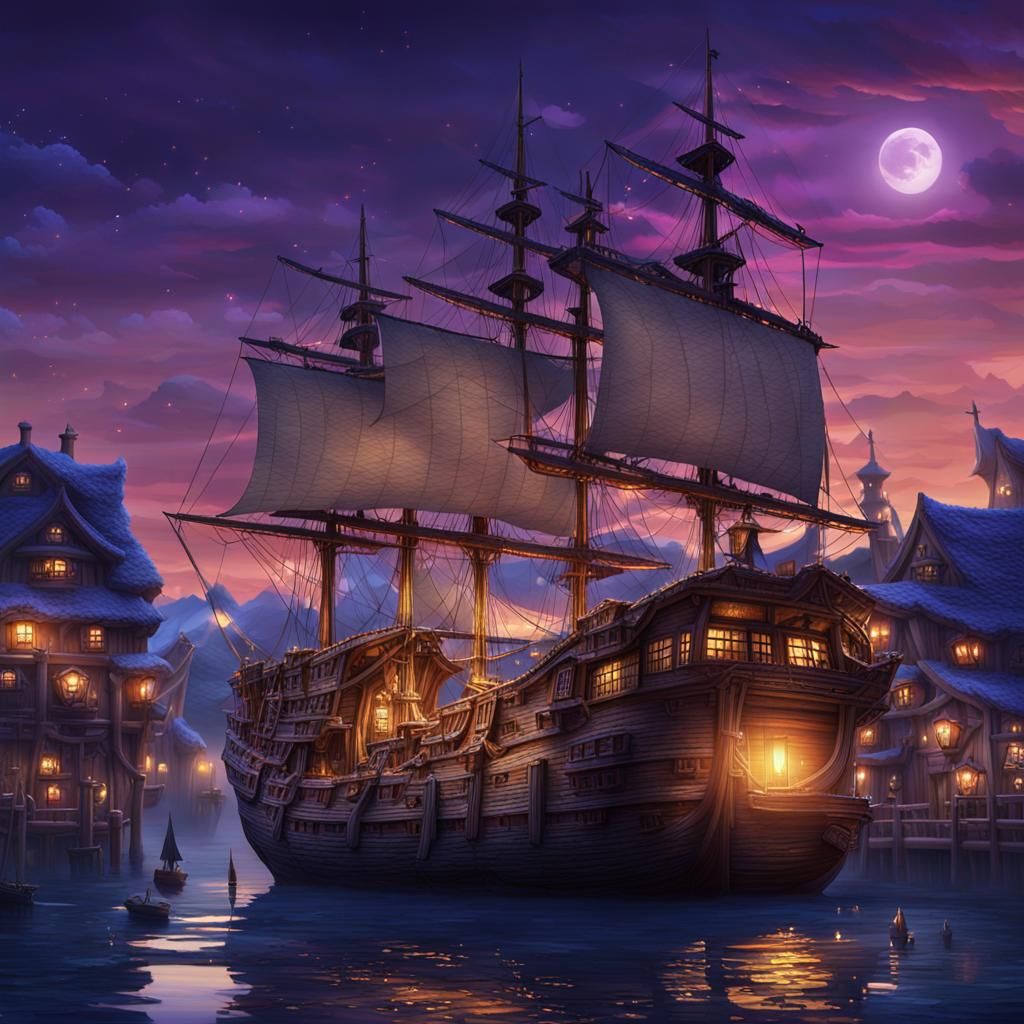 Detailed Sailing Ship in Calm Harbor: Fantasy Art