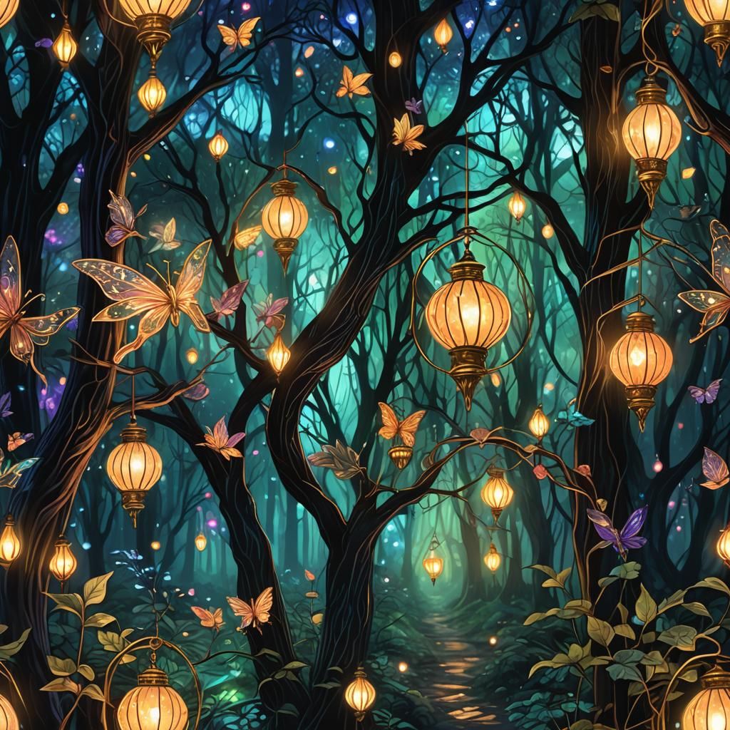 Art Nouveau Fairy Lanterns in Dark Forest