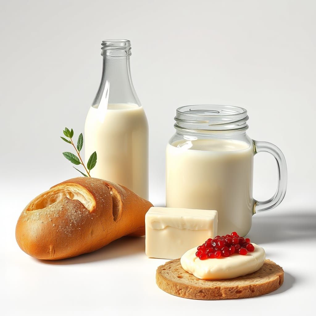 Photorealistic Still Life of Fresh Milk, Bread, and Caviar i...