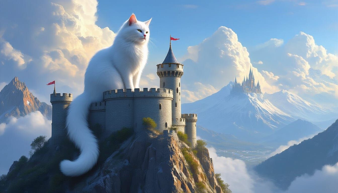 Majestic White Cat Guarding Mountain Castle