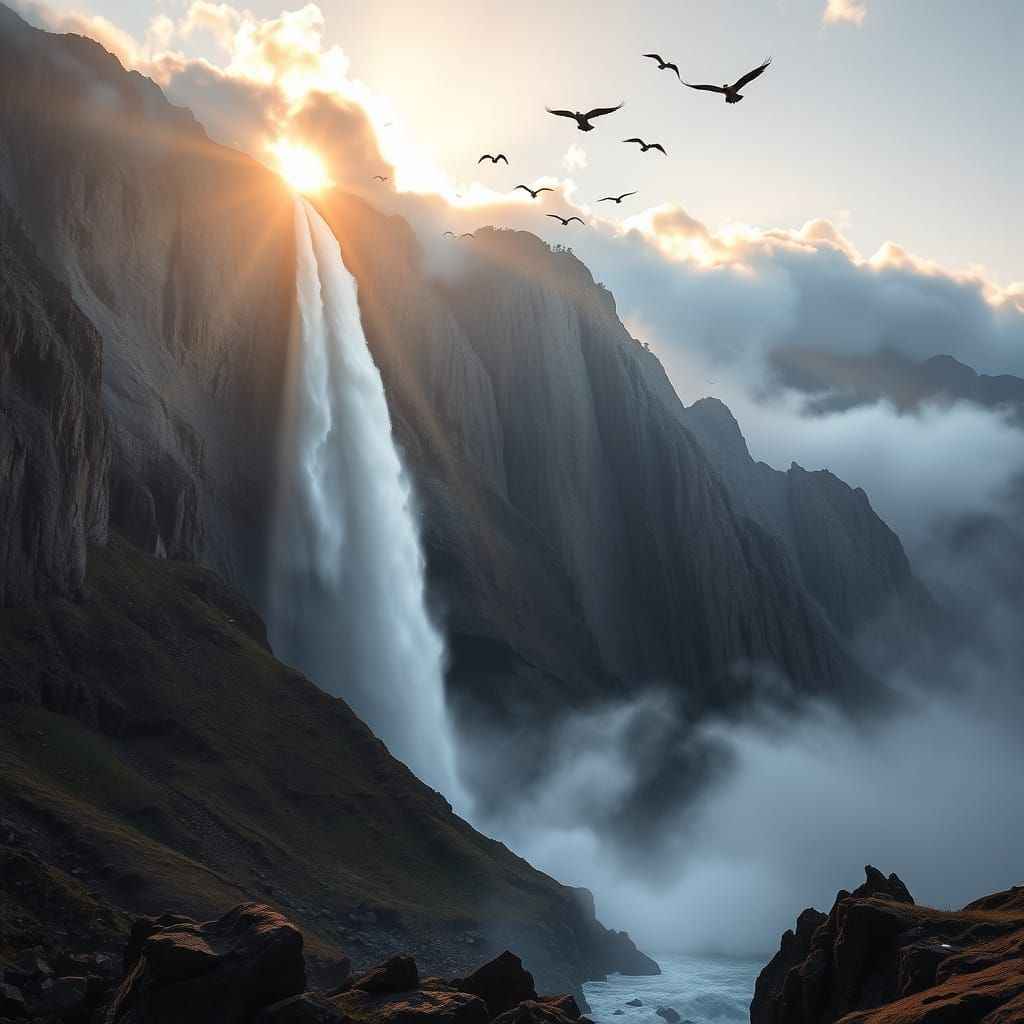 Majestic Sunrise Waterfall Cascade