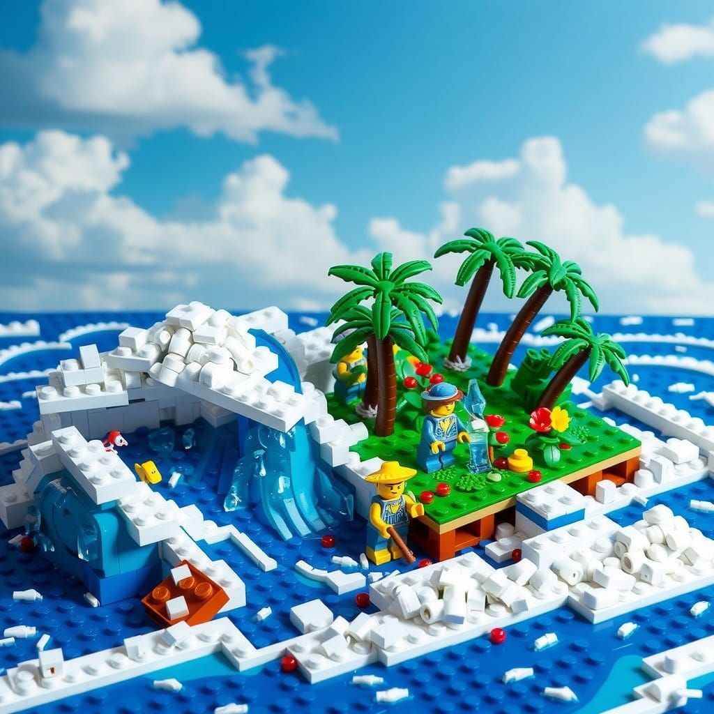 A tsunami made of Legos devastating a Lego tropical island