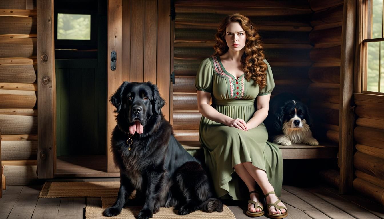 Woman with Dog Inside Cozy Cabin: Realism