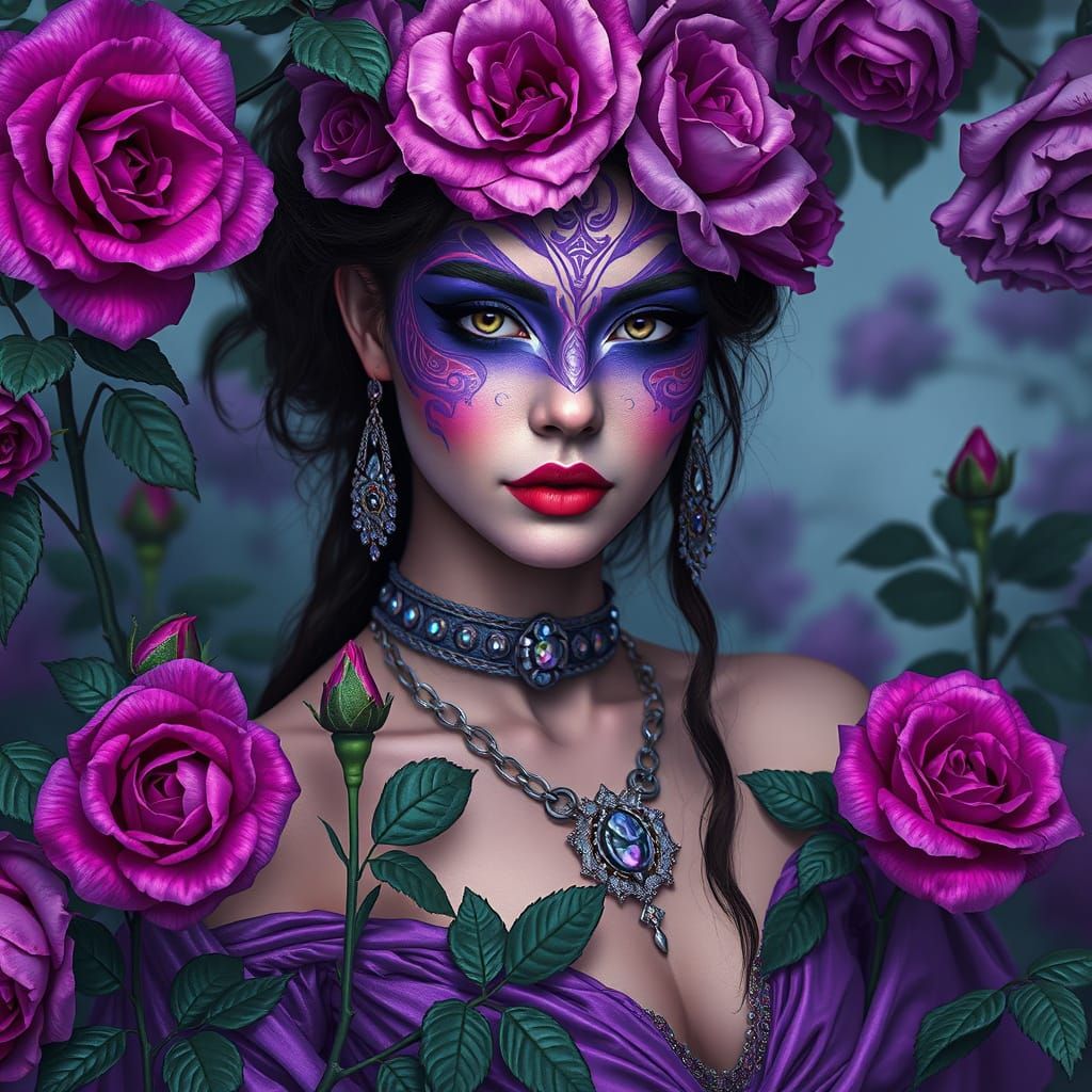 an enchanting portrait of a woman with artistic purple face paint surrounded by beautiful purple roses, evoking feelings...