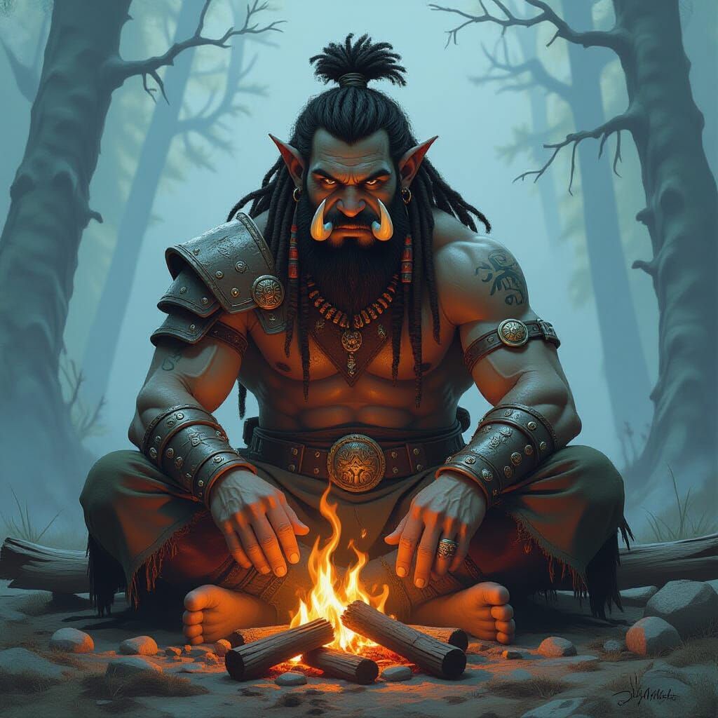 Orc with Dreadlocks at Campfire, Digital Painting