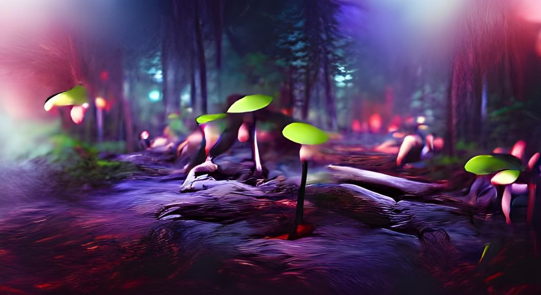 Glowing Midnight Mushrooms in Neon Lit Forest