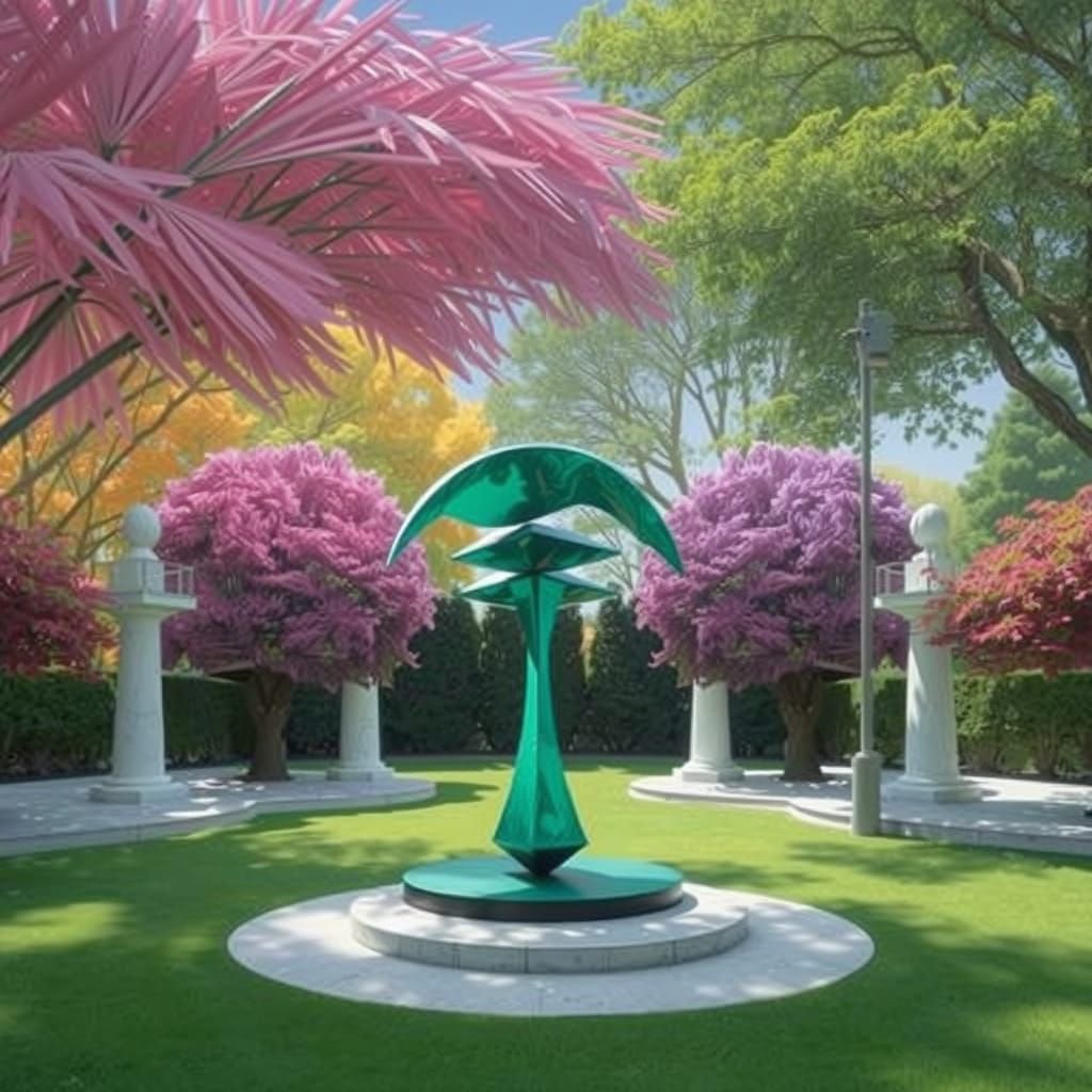 Geometric Abstract Sculpture in Vibrant Marble and Greenery