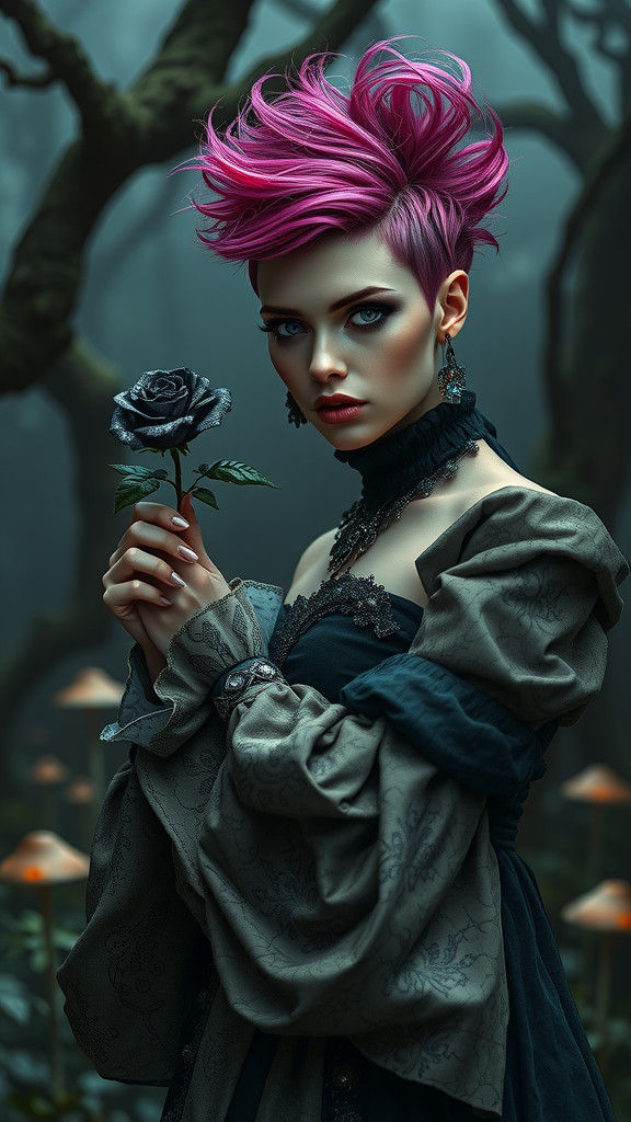Punk Woman Plucks Frozen Rose in Gothic Garden