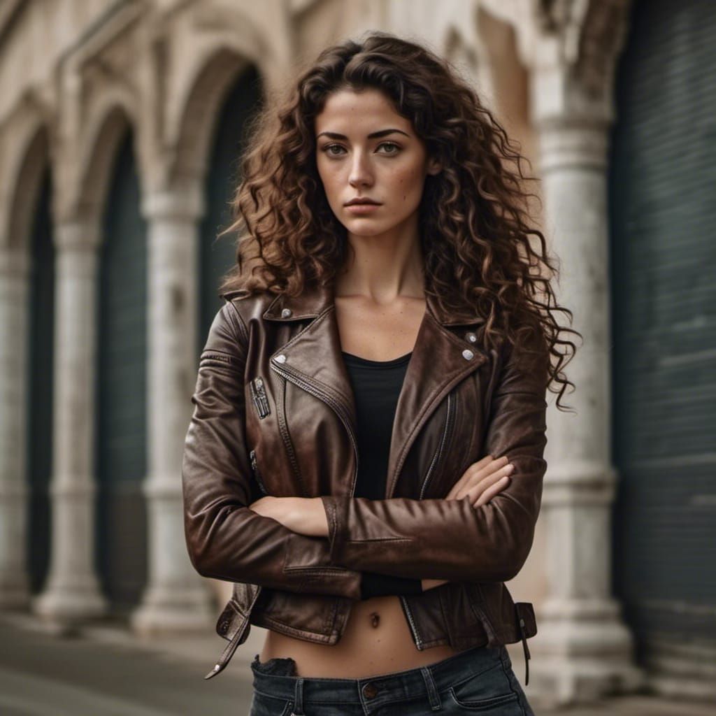 Defiant Brunette Goddess in Leather Jacket