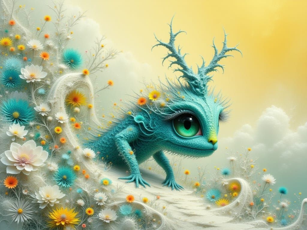 Surreal Dreamscape with Iridescent Dragon Animal