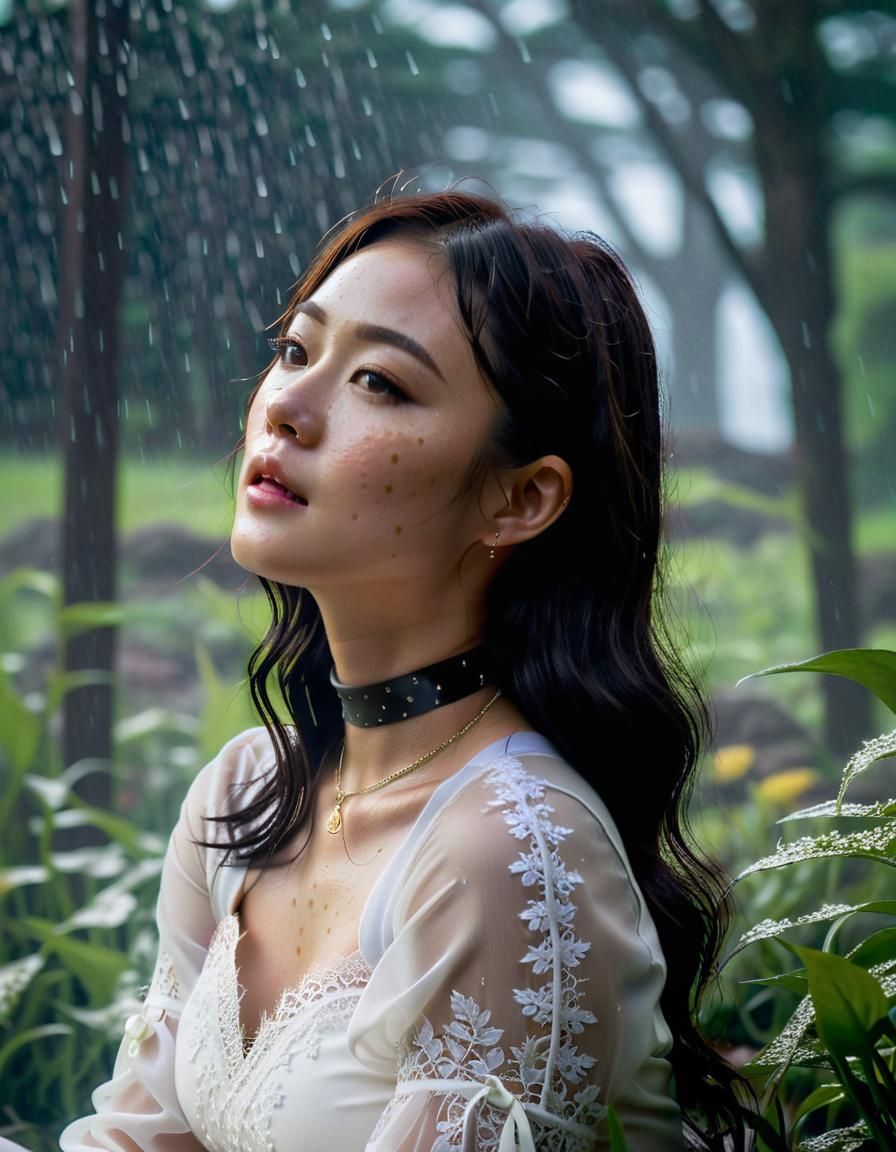 Korean Woman in Rainy Garden: Chiaroscuro Oil Painting