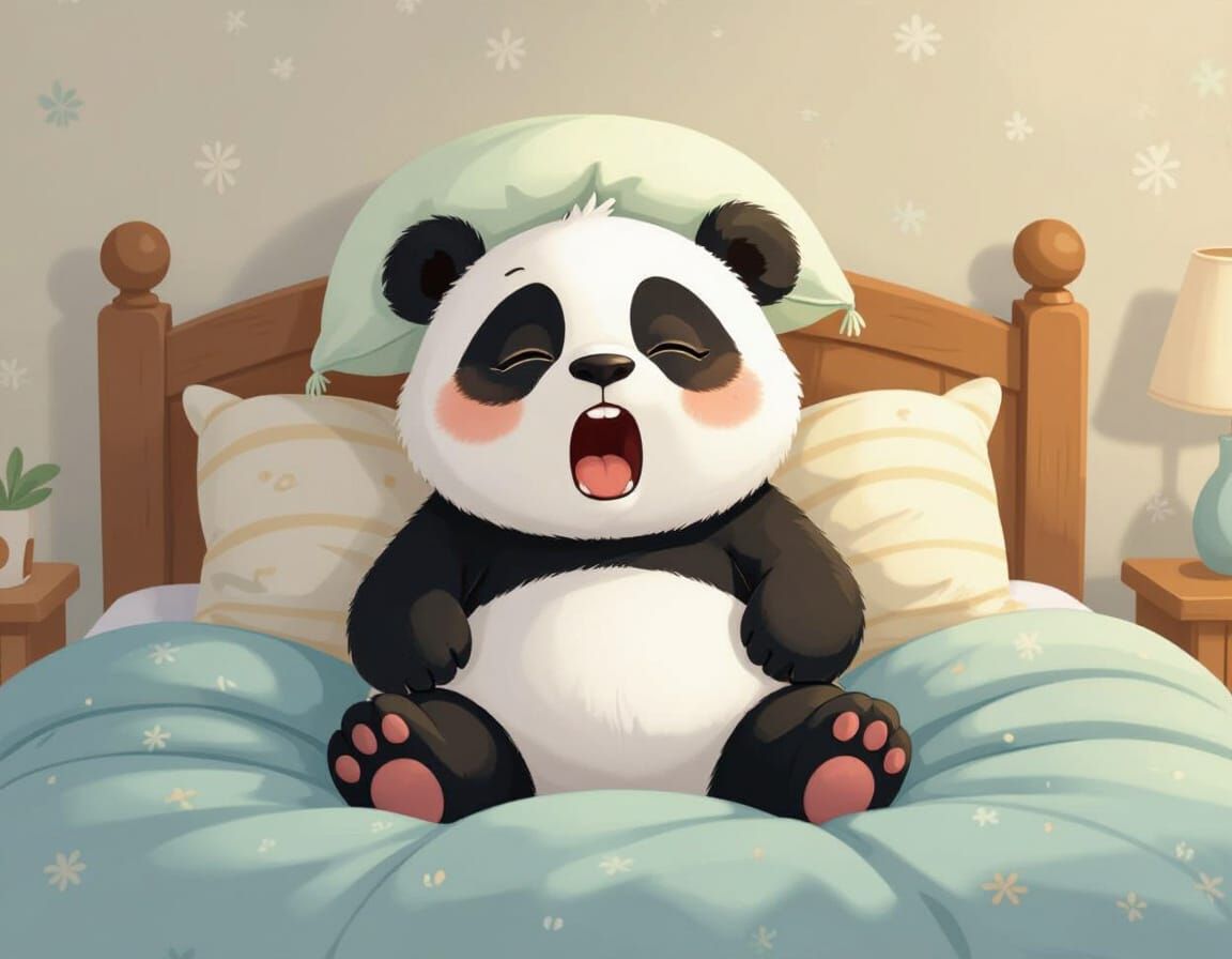 Sleepy Panda with Pillow Hat, Watercolor Style