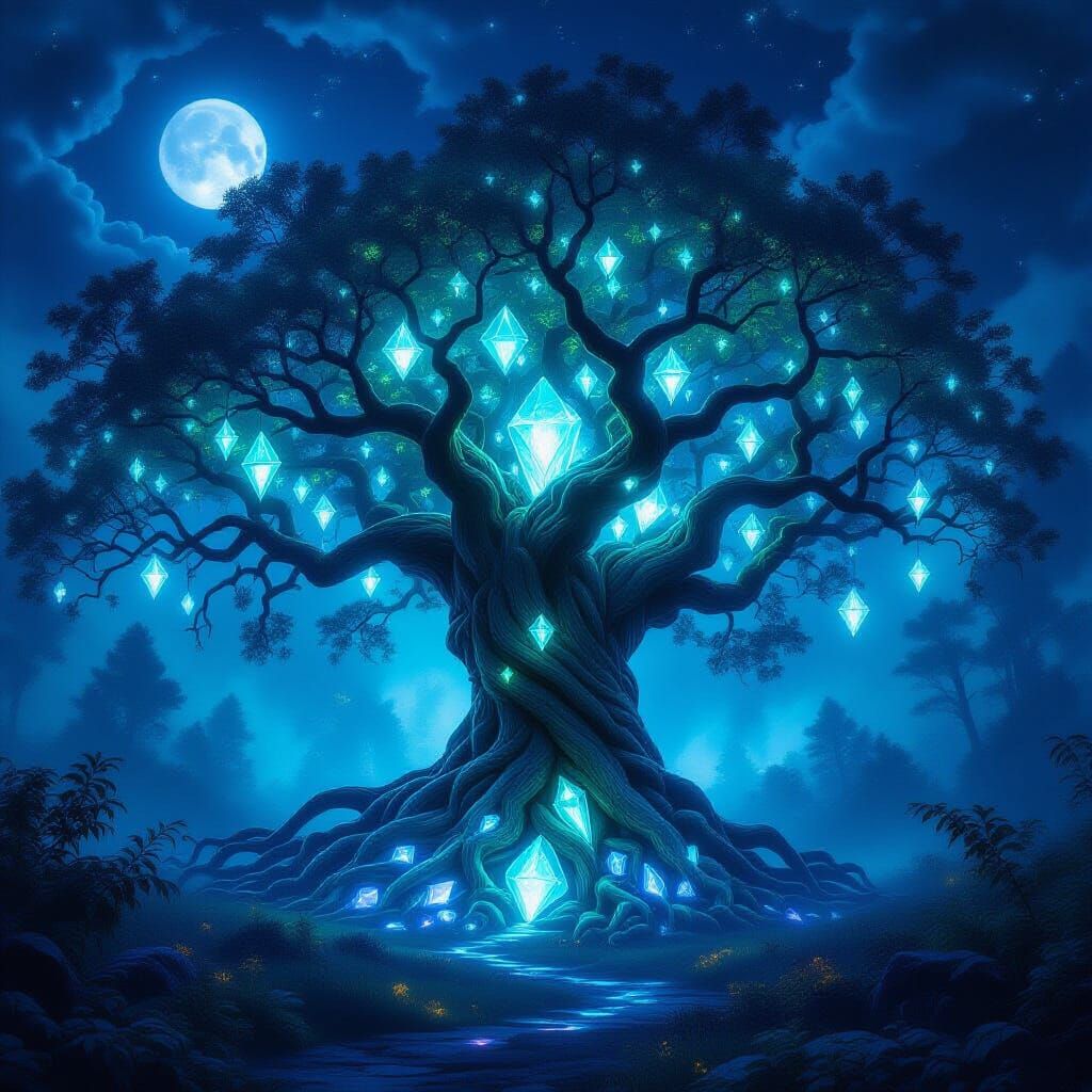 Ancient Tree With Bioluminescent Leaves And Crystal Roots