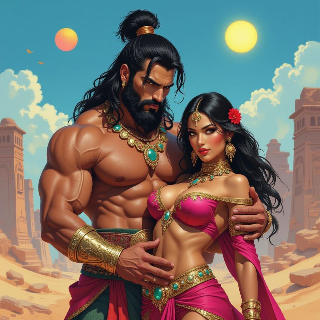Barbarian with Martian Princess: Digital Art