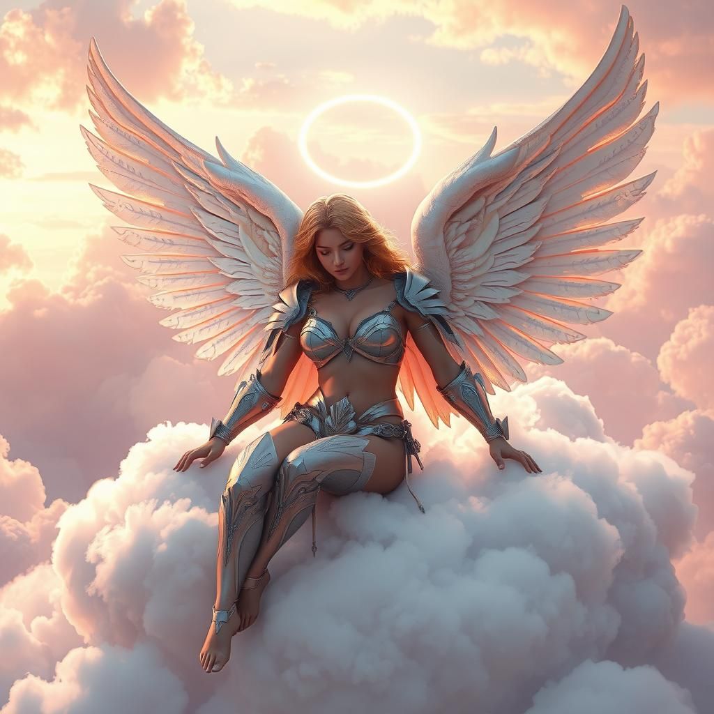 Angel in Bikini Armor on Cloud, Fantasy Art