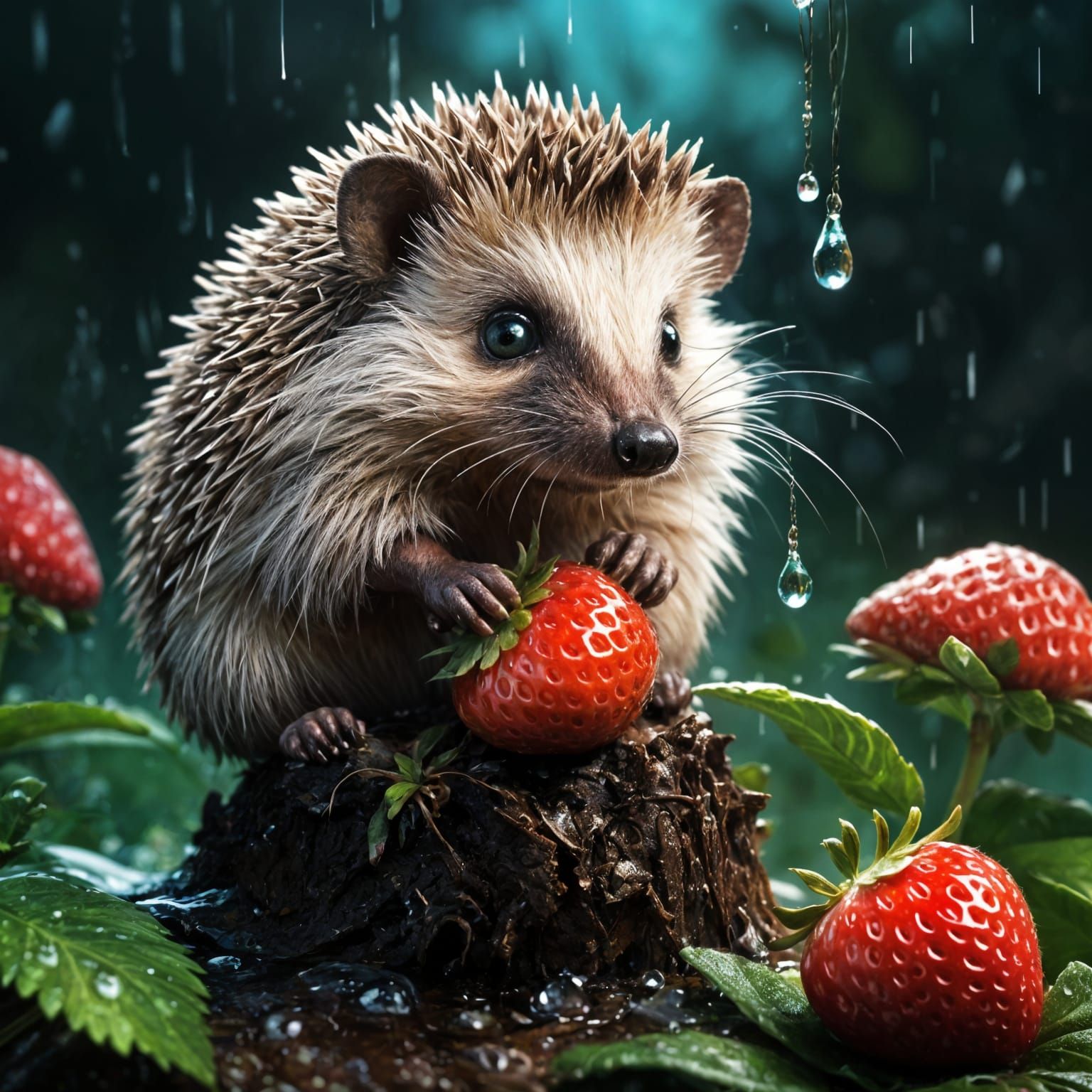 Hedgehog in Rain with Strawberry: Fairytale Art