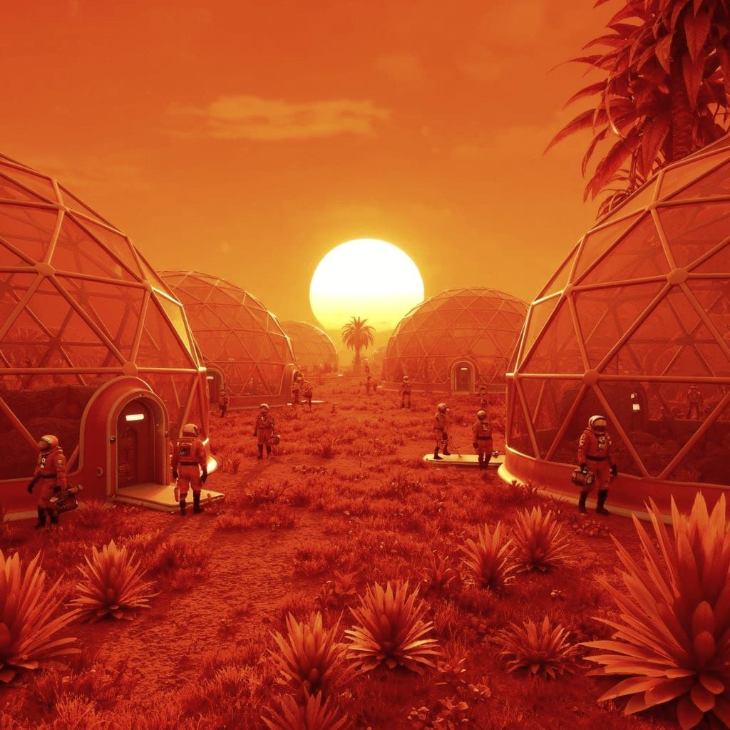 Utopian Alien Colony at Sunset in Retro-Futurism Style