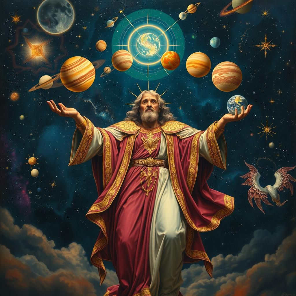 God Juggling Planets in Renaissance Surrealism Style