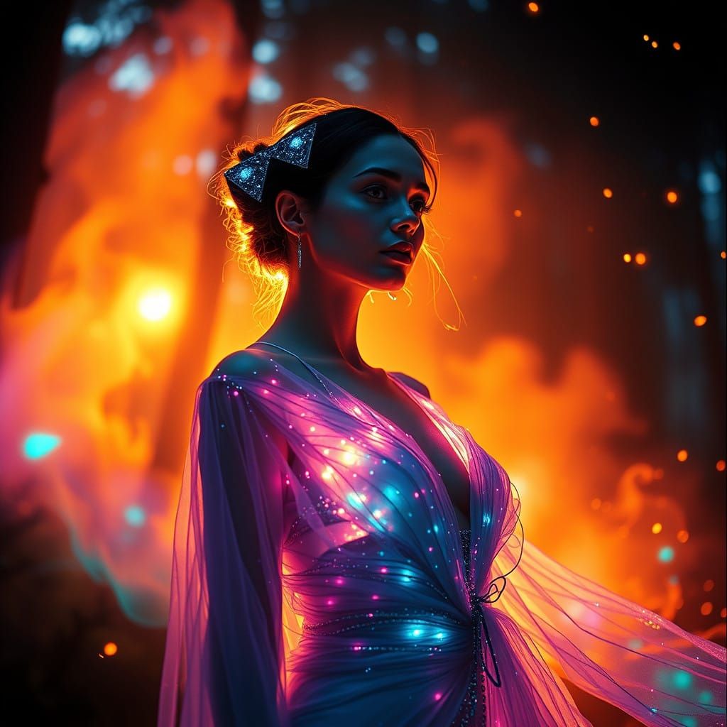 Glowing Goddess in Crystal Attire Amidst Dreamlike Forest