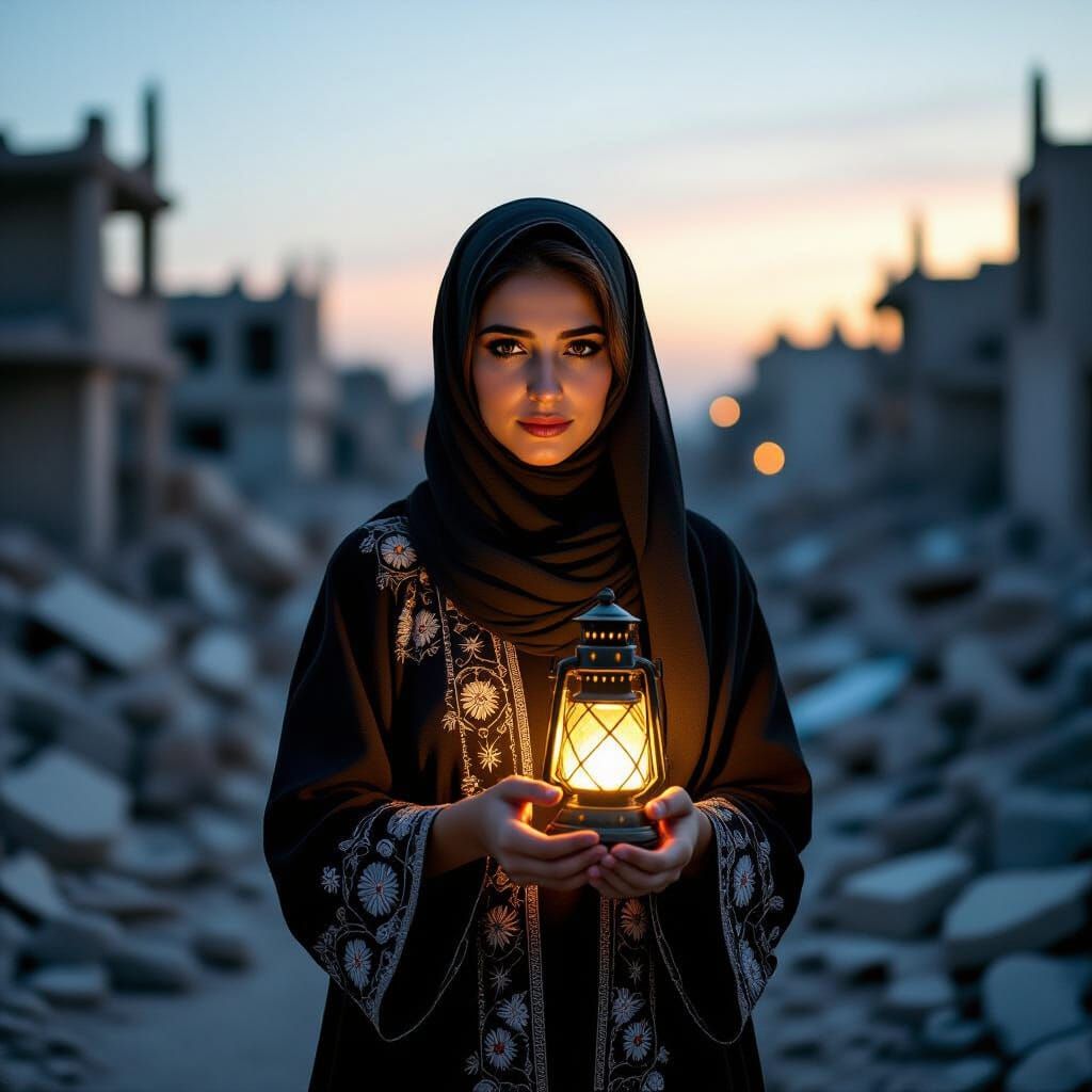 Palestinian Woman with Lantern in War-Torn Cityscape